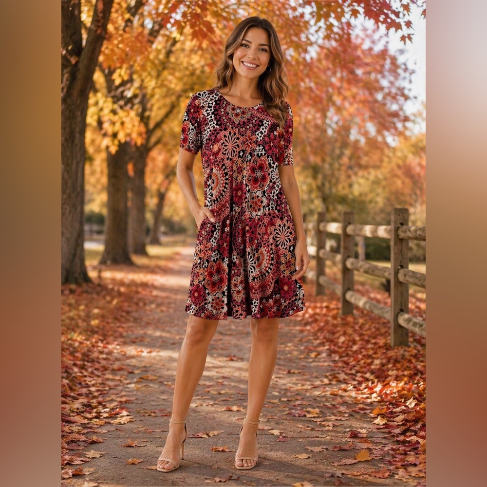 MSK Floral Medallion Knit Dress - Rust, Black & Cream